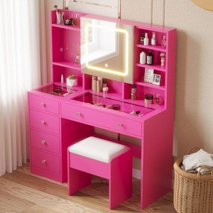 Barbie Pink Particle Board Tempered Glass Tabletop Laminated with Textured Melamine 5-Drawer Dressing Table Set - 1 of 4