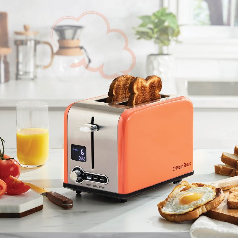 Peach Street 2 Slice Digital Countdown Bread Toaster, Stainless Steel, 6 Browning Levels, Removable Crumb Tray, Defrost, Bagel, Button, 2 of 10