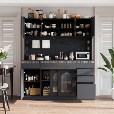 63 Inch Kitchen Cabinets with Hutch,Pantry Cabinets with 6 Drawers,5 Cabinets with Adjustable Shelves,Towel Rack,Power Outlet-The Pop Home