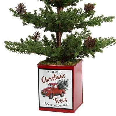 24-Inch Unlit Fir Christmas Tree with Pinecones in Red Metal Pot