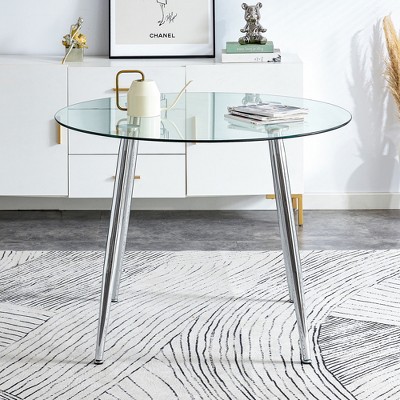 Vynxaria 38.6" Round Dining Table with Glass Top, Silver Metal Legs, Exquisite Texture for Home