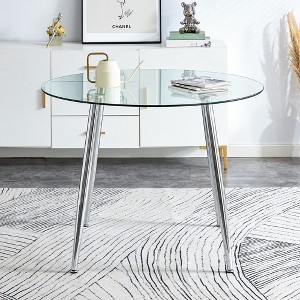 Vynxaria 38.6" Round Dining Table with Glass Top, Silver Metal Legs, Exquisite Texture for Home - 1 of 4