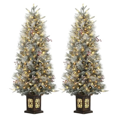 4.5 Ft Artificial Christmas Tree with 200 Warm White  Lights and Red Berries Potted Base Holiday Xmas Tree
