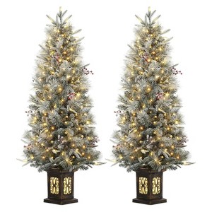 4.5 Ft Artificial Christmas Tree with 200 Warm White  Lights and Red Berries Potted Base Holiday Xmas Tree - 1 of 4