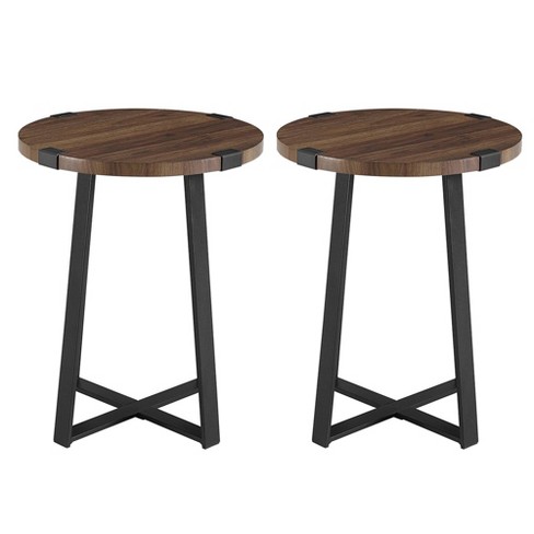 Set of 2 Wrightson Urban Industrial Wrap Leg Round Side Tables Dark Walnut  - Saracina Home