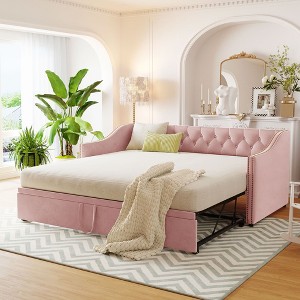 Okak Twin Size Daybed with Pop Up Trundle Upholstered Bed Sofa Bed Frame with Backrest for Living Room Bedroom Guest Room, Pink - 1 of 4
