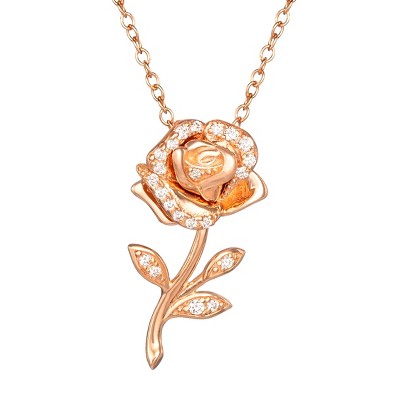 Disney Beauty and the Beast Enchanted Rose Pink Gold Over Sterling Silver and Cubic Zirconia Necklace, 18"