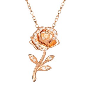 Disney Beauty and the Beast Enchanted Rose Pink Gold Over Sterling Silver and Cubic Zirconia Necklace, 18" - 1 of 4