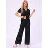 INSPIRE CHIC Women's Turndown Collar Knit Short Sleeve Top with Side Pocket Long Pant Pajamas Set - 3 of 4