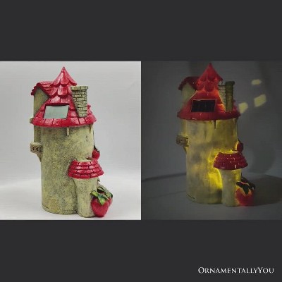 Solar Powered Red and Beige Resin Fairy Cottage Statue, 10"