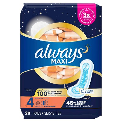 Always Maxi Pads Overnight Absorbency Unscented without Wings - Size 4 - 28ct