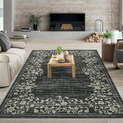 Modern Floral Washable Rug with Non-Slip Backing, for Bedroom & Living Room