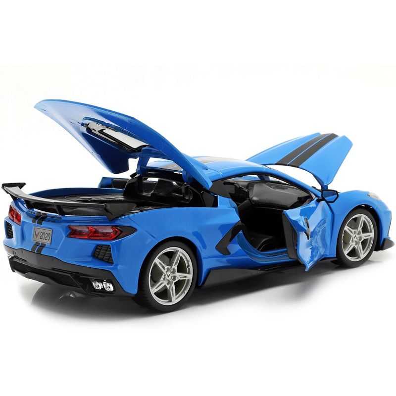 2020 Chevrolet Corvette Stingray C8 Coupe with High Wing Blue with Black Stripes 1/18 Diecast Model Car by Maisto, 4 of 7