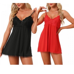 cheibear Women's Lace V-neck A-line Nightgowns with Adjustable Strap 2 Pcs - 1 of 4