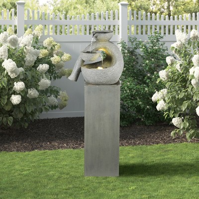 Gray Resin Modern Sculpture Pedestal Fountain with LED Light