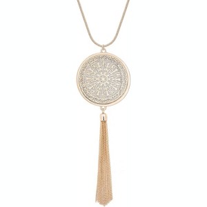 Long Necklaces for Woman Disk Circle Pendant Necklaces Tassel Fringe Necklace Set Statement Pendant - 1 of 4