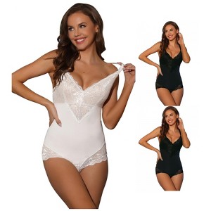 INSPIRE CHIC Women's Lace Adjustable Straps Tummy-Control Backless V Neck Body Shaper 3 Packs - 1 of 4