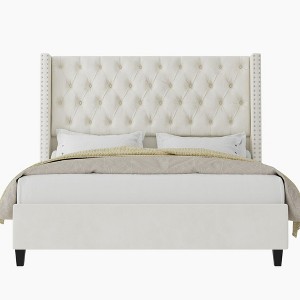 Bed Frame with Deep Button Tufted and Velvet Wingback Headboard,No Box Spring Needed - 1 of 4