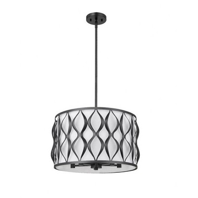 Harden Matte Black Steel Drum Pendant Light with White Fabric Shade