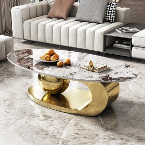 DOMETOUR 51 Inches Oval Faux Marble Coffee Table for Living Room with Stainless Steel Base - 1 of 4