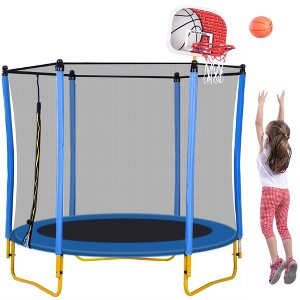 Dexmalle 65" Outdoor & Indoor Mini Toddler Trampoline with Enclosure, Basketball Hoop and Ball Included - 1 of 4