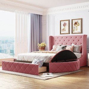 YOOCOZZ Queen Size Velvet Upholstered Platform Bed with Wingback Headboard, Storage Drawer and Side Storage Stools - 1 of 4