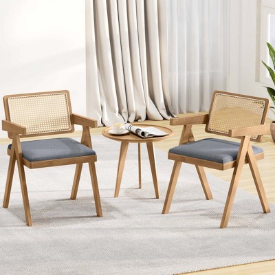 Gray Rattan and Cane Side Chair Set with Rubber Wood Frame