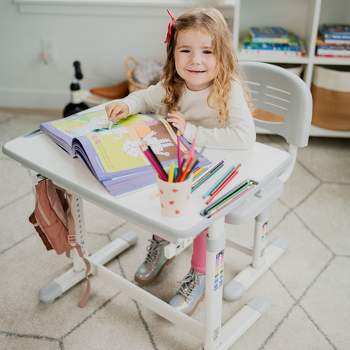 Mount-It! Kids Desk and Chair Set | Height Adjustable Ergonomic Children's School Workstation with Storage Drawer | Gray