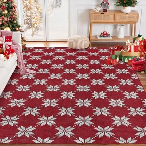 GustoWave Christmas Geometric Throw Area Rugs, Non Slip Machine Washable, Red - 1 of 4