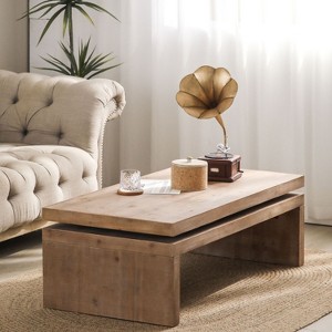Okak Modern Coffee Table Wooden Outdoor Side Tables with Floating Top Design End Table Outdoor&Indoor for Living Room Balcony Yard, Natural - 1 of 4