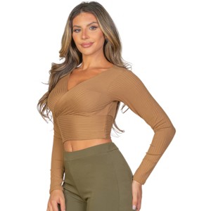 Slickblue Women's Long Sleeve Ribbed Wrap Top, V-Neck Fitted Knit Shirt, Color Options, Size S-L - 1 of 4