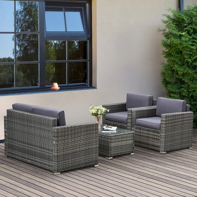 Gray 4-Piece Rattan Wicker Outdoor Furniture Set with Cushions