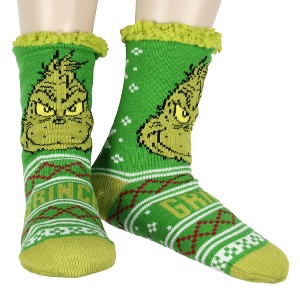 Dr. Seuss Socks The Grinch Socks Women's Grinch Face Fair Isle Sweater Knit Plush Fleece Lined Non-Slip Cozy Slipper Crew Socks Green - 1 of 4