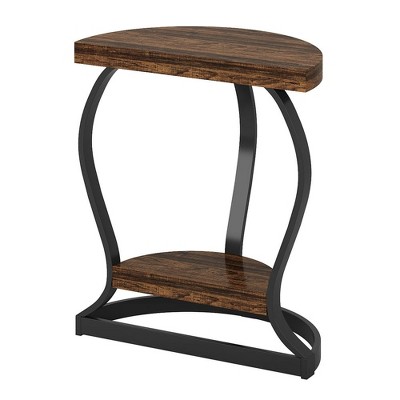 Resenkos Sofa Side End Table, End Table, Couch Table,Half-Round End Table, Side Table with 2-Tier Shelves,Brown & Black