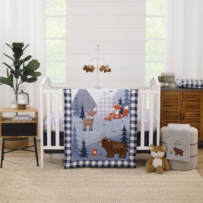Little Love by NoJo National Park Navy Buffalo Check, Gray, Blue, and Brown Camping Bear, Deer, and Fox 3 Piece Nursery Crib Bedding Set, 1 of 8