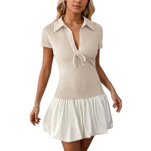 Coolmee Women's Cute Patchwork Dress Lapel Collar V Neck Short Sleeve A Line Vacation Bubble Mini Dresses - 1 of 4