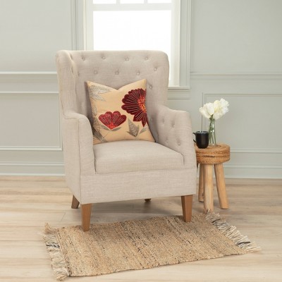 Beige and Red Floral Embroidered Cotton Velvet Throw Pillow