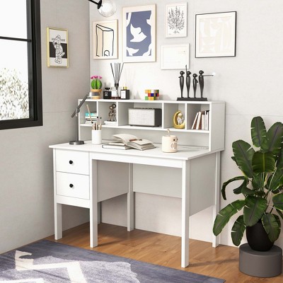 Costway Computer Desk 48" Writing Table w/ Power Outlets 5-Cubby Hutch 2 Storage Drawers White