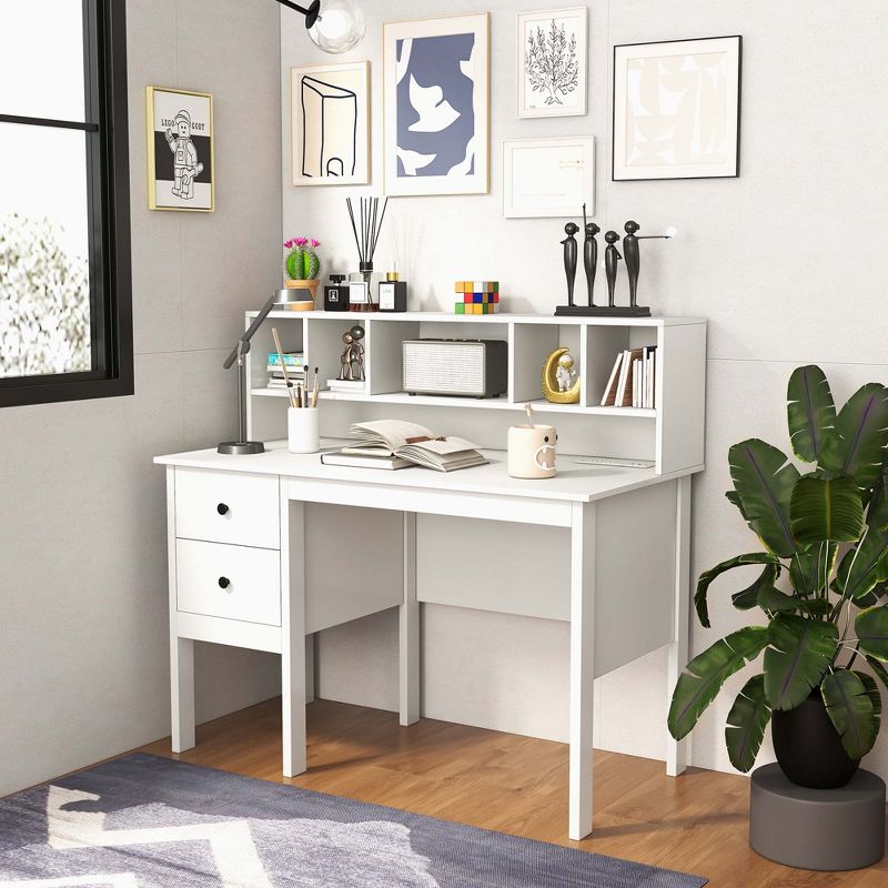 Costway 48" Computer Desk with Power Outlets Type-C 5-Cubby Hutch & 2 Storage Drawers Black/White, 2 of 11
