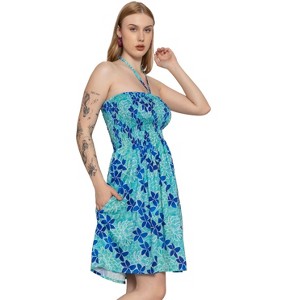 HAPPY BAY Women's Short Bandeau Dress Beach Vacation Summer Holiday Ruffle Tube Top Short Evening Strapless Dresses for Women L-XL Green_Blue Floral