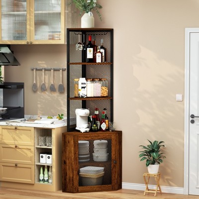 YOOCOZZ 65" Freestanding 6-Tier Corner Cabinet with Doors, Shelves & Wine Glass Rack - Rustic Brown