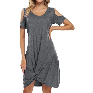 Women's Summer Cold Shoulder  Twist Knot Mini Tshirts Dresses - 1 of 4