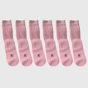 Alilang Women's Ribbed Ankle Socks with Bow Embroidery 6Pk - 1 of 4