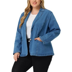 Agnes Orinda Women's Plus Size Denim Notched Lapel Color Block Stretch Blazers - 1 of 4