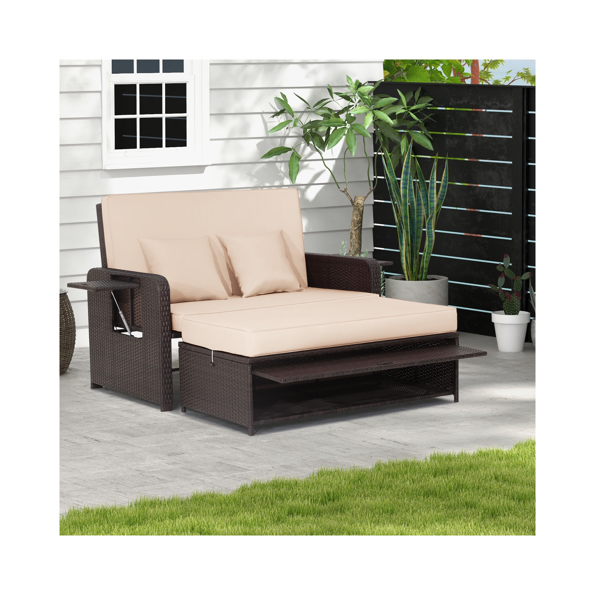 Costway Patio Rattan Daybed Lounge 3 Soft Cushions & 2 Pillows Side Tables for Backyard Beige
