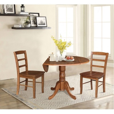 Distressed Oak 42" Drop Leaf Pedestal Dining Table with 2 Ladder Back Chairs