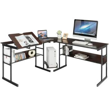 Costway L-Shaped Computer Desk Drafting Table Workstation w/ Tiltable Tabletop