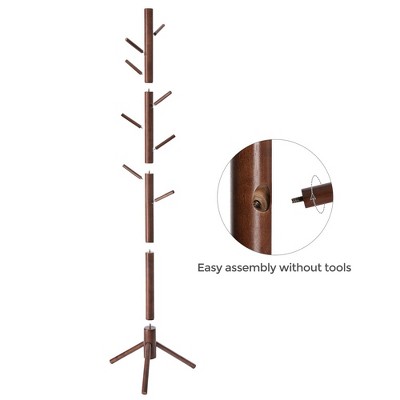 VASAGLE Dark Walnut Solid Wood Tree-Shaped Coat Rack with 8 Hooks