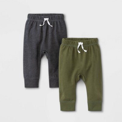 Image of Baby Boys' 2pk French Terry Jogger Pants - Cat & Jack™ Olive Green/Charcoal Gray 0-3M