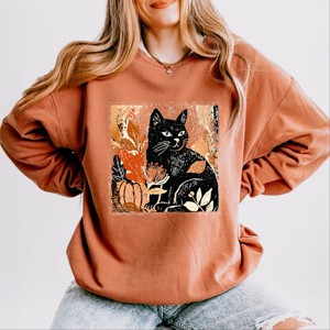 Simply Sage Market Black Cat Fall Leaves Distressed Lightweight Garment Dyed Sweatshirt - 1 of 4